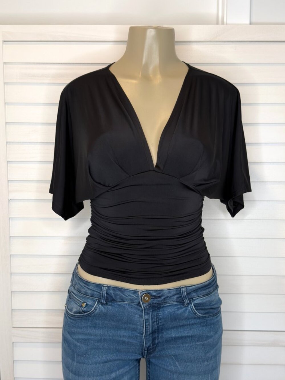 Black Plunge V Neck Batwing Ruched Top